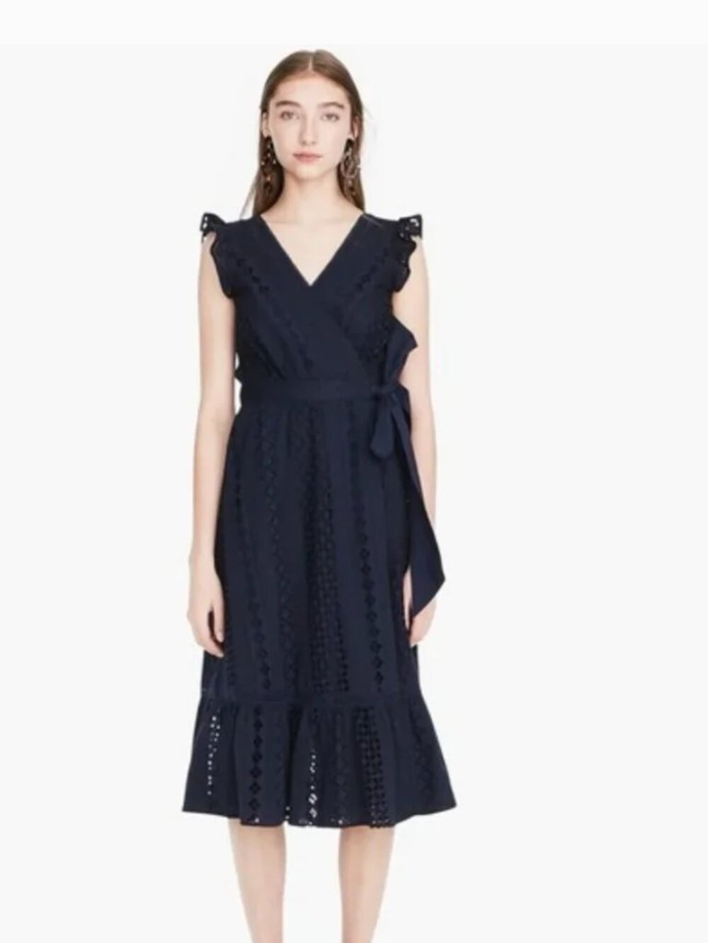 J. Crew All Over Eyelet Wrap Midi Dress In Navy Blue